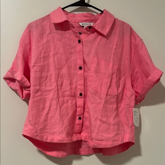 NWT Athleta Retreat Linen Short Sleeve Shirt Raphanus Pink Size Medium - Picture 2 of 5